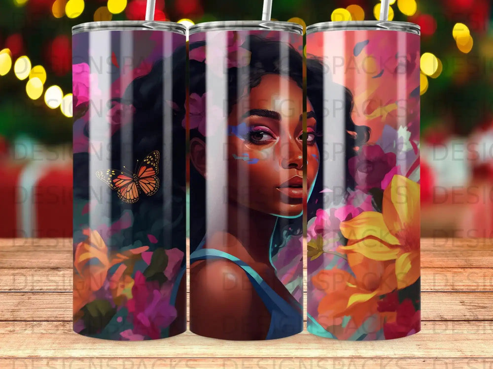 Woman with flowers and butterfly on colorful tumbler.