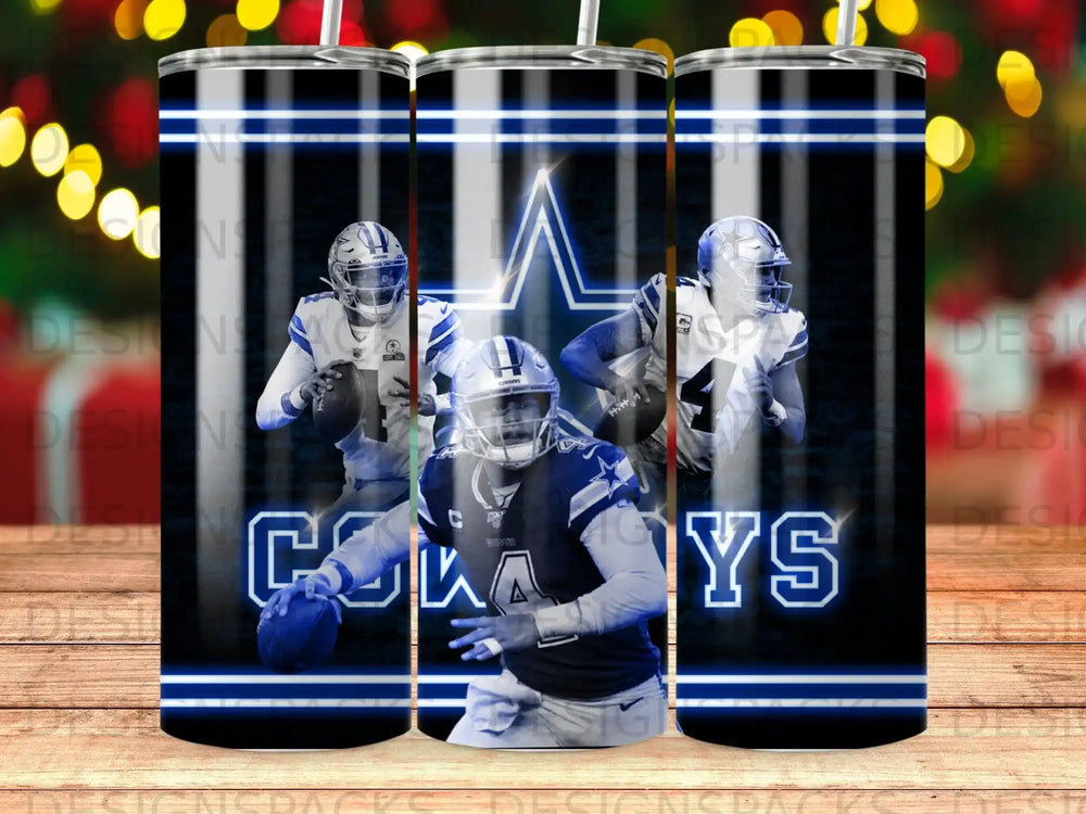 Dallas Cowboys players with star logo and blue neon accents.