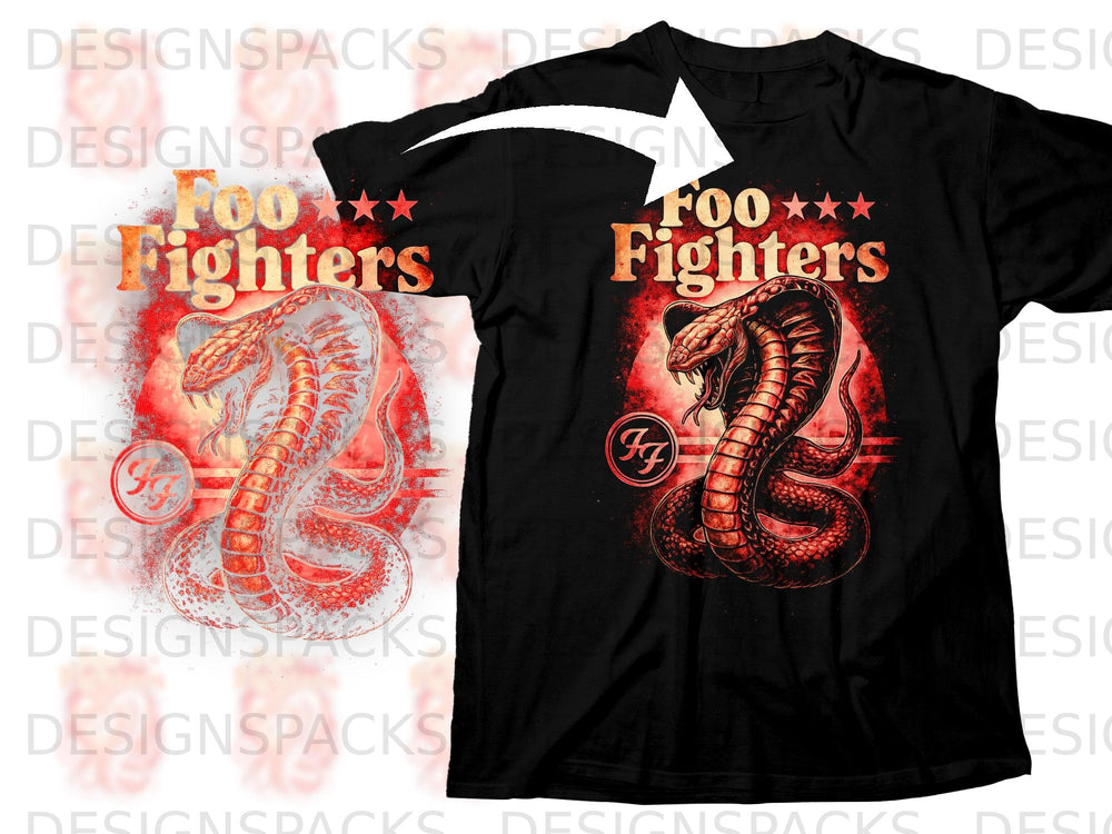 Black t-shirt with a Foo Fighters logo and a coiled cobra design.