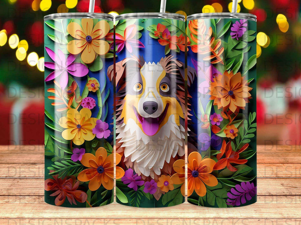 Happy dog surrounded by colorful flowers and leaves.