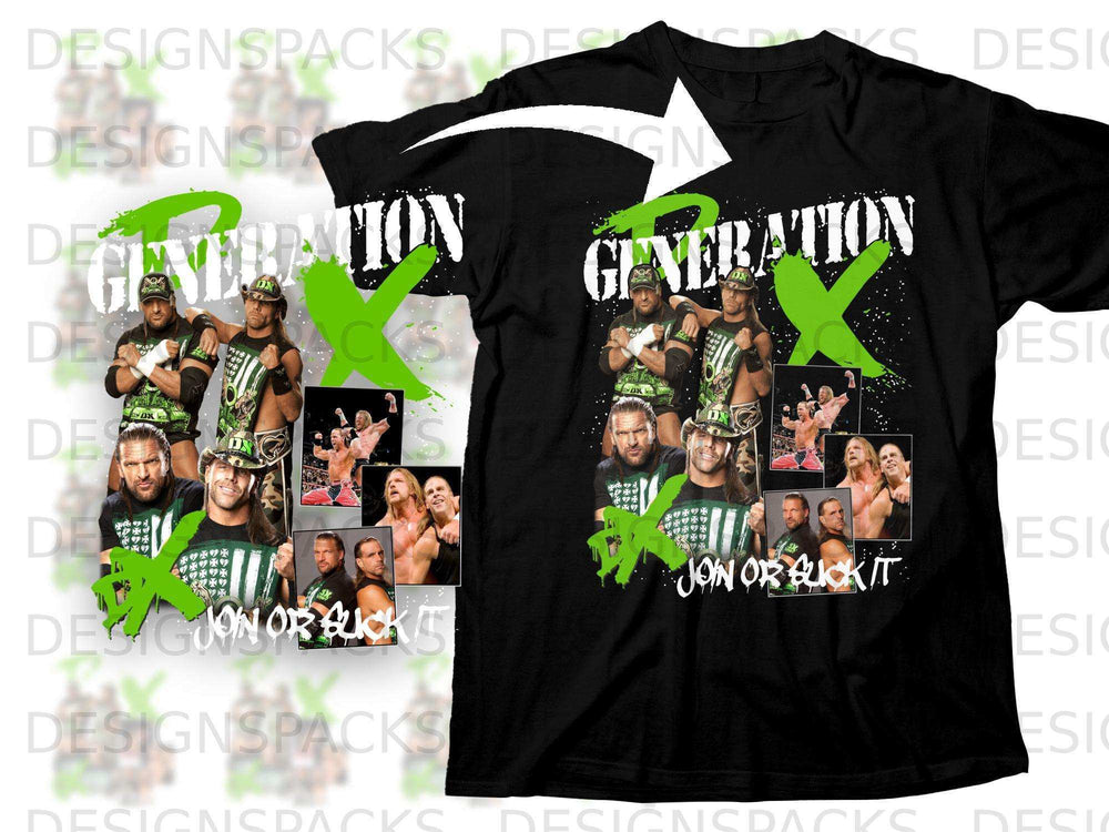 Generation X logo and wrestlers with "Jon or Likkit" text on a black t-shirt.