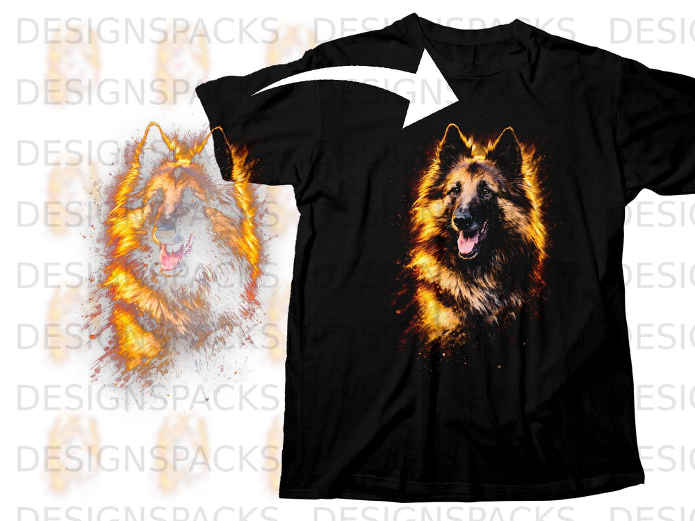 Black t-shirt with a fiery German Shepherd graphic on the chest.