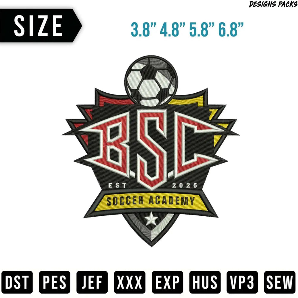 BSC Soccer Academy logo with sizes and embroidery file formats.