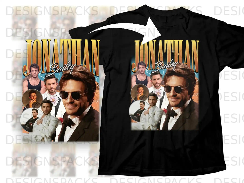 T-shirt featuring Jonathan Bailey with sunglasses and tuxedo, against a vintage poster background.