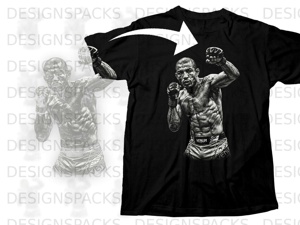 Black t-shirt with graphic of a muscular fighter in fighting stance.