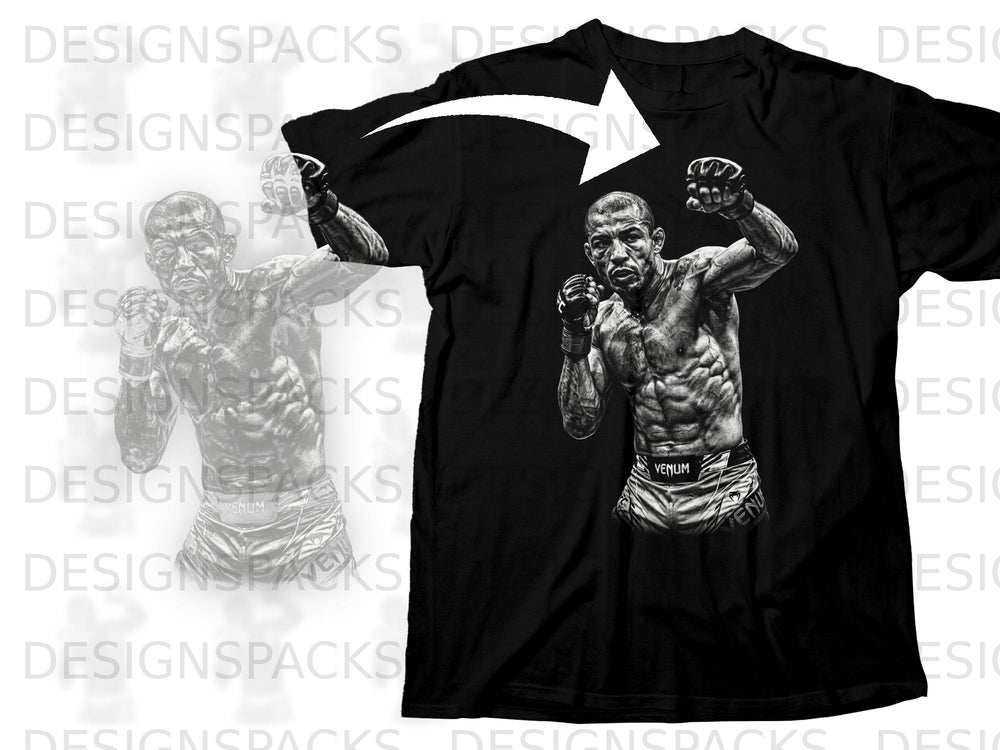Black t-shirt with graphic of a muscular fighter in fighting stance.