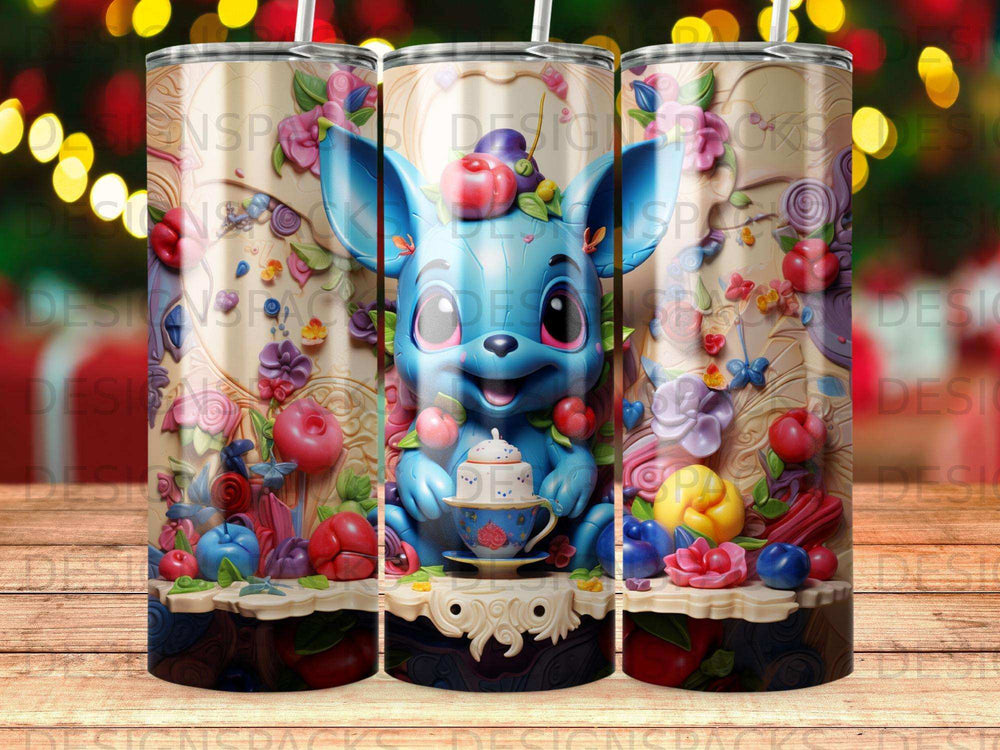 Blue cartoon creature sits in a teacup surrounded by colorful candies and flowers.