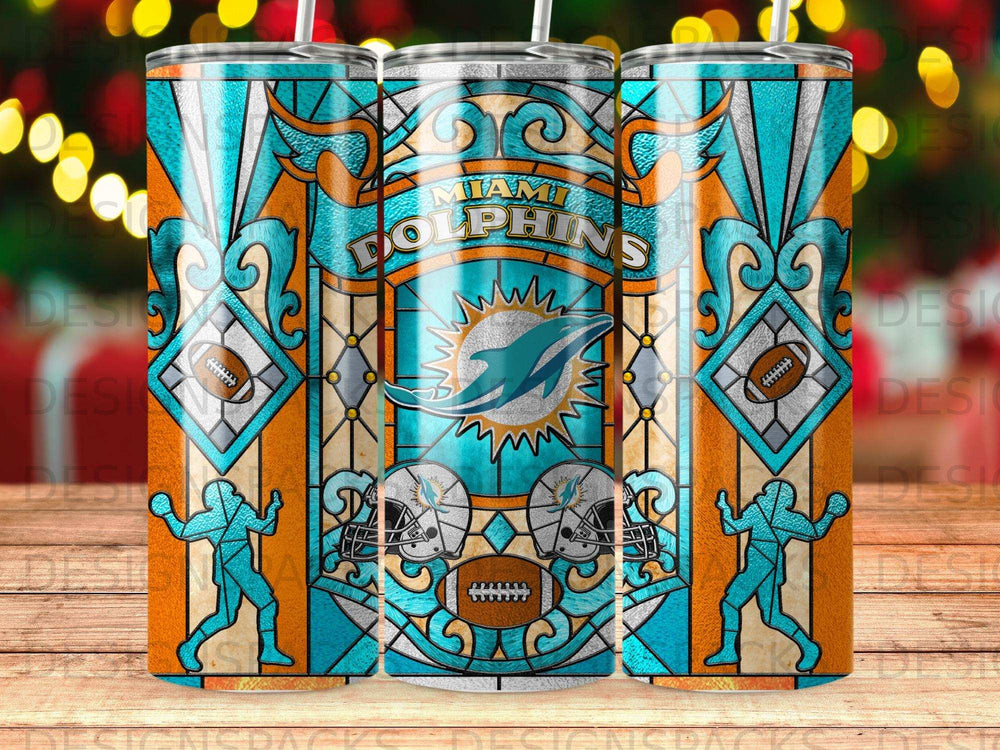 Miami Dolphins football tumbler with team logo and stylized football players.
