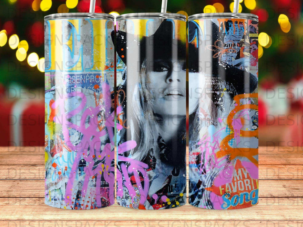 Collage tumbler with black and white portrait, graffiti, and song lyrics.