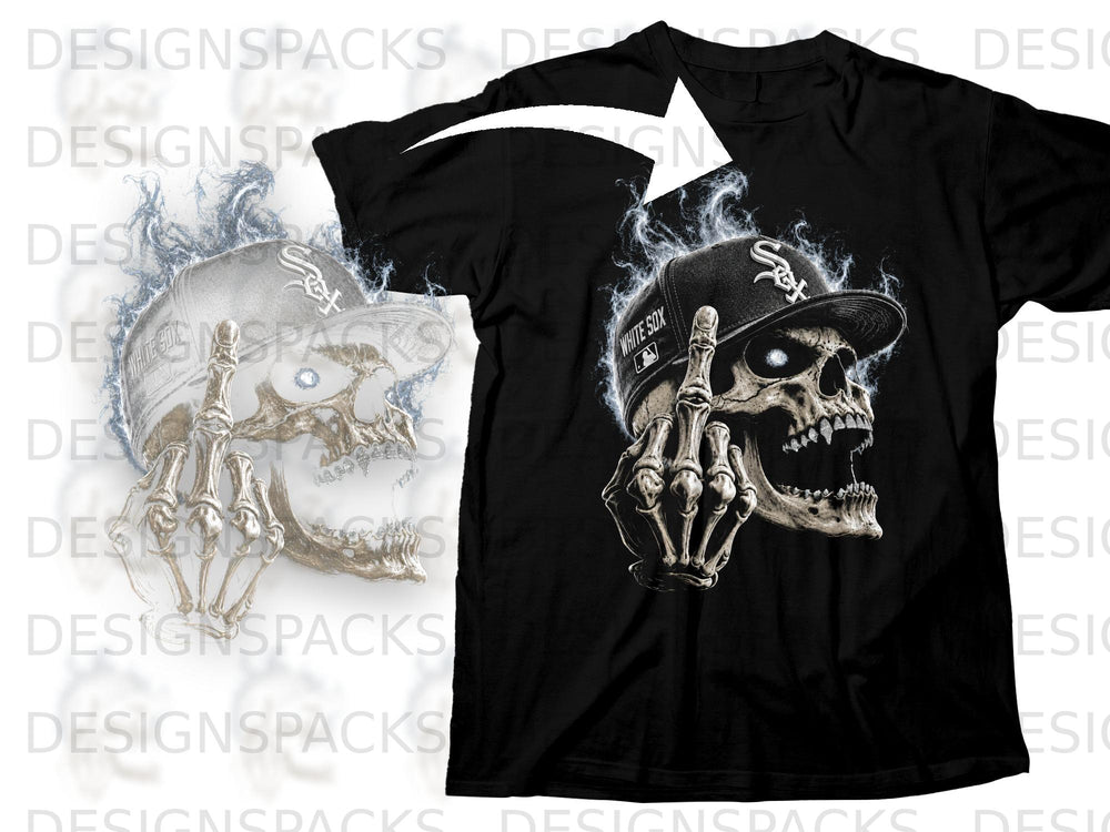 Black t-shirt featuring a skull wearing a White Sox hat and giving the middle finger.