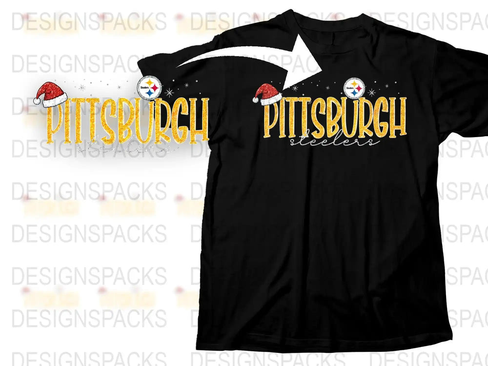 Pittsburgh Steelers Holiday T-Shirt, Christmas Santa Hat Football Tee, Festive Sports Apparel