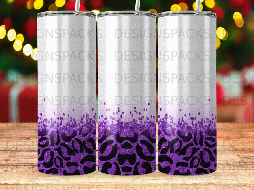 Glitter and black leopard print tumbler with "DesignSpacks" watermark.