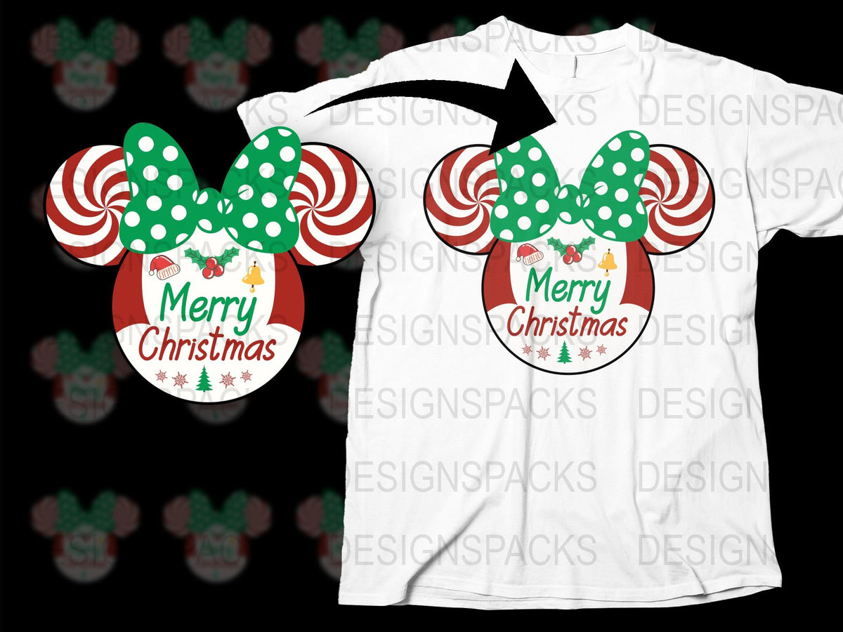 Merry Christmas T-Shirt with Candy Cane Ears, Festive Holiday Apparel, Red and White Polka Dot Bow, Unisex Adult Sizes