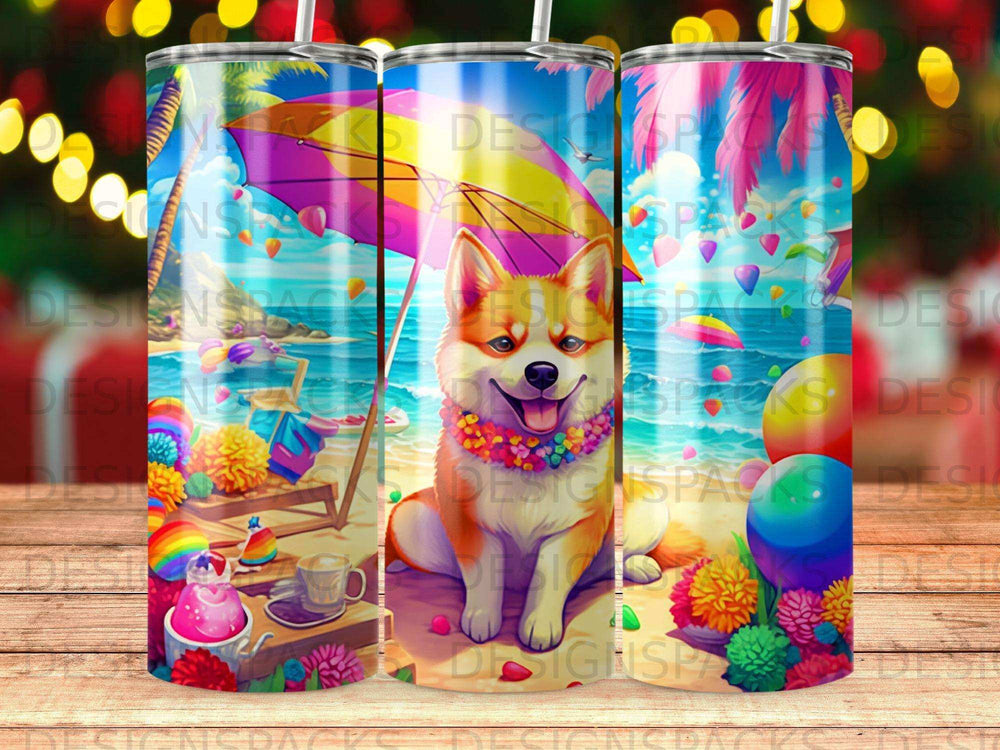 Corgi wearing a flower lei sits on a beach under a colorful umbrella.