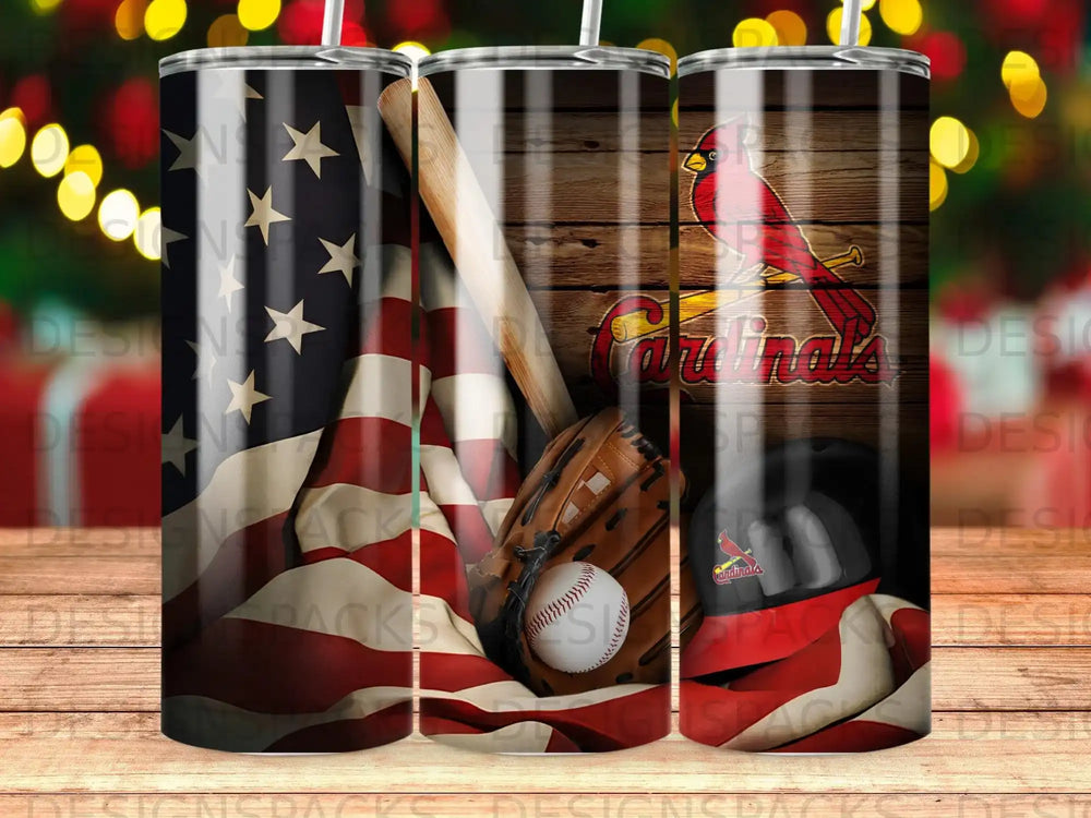 Baseball glove and bat rest against American flag and Cardinals logo on wood.