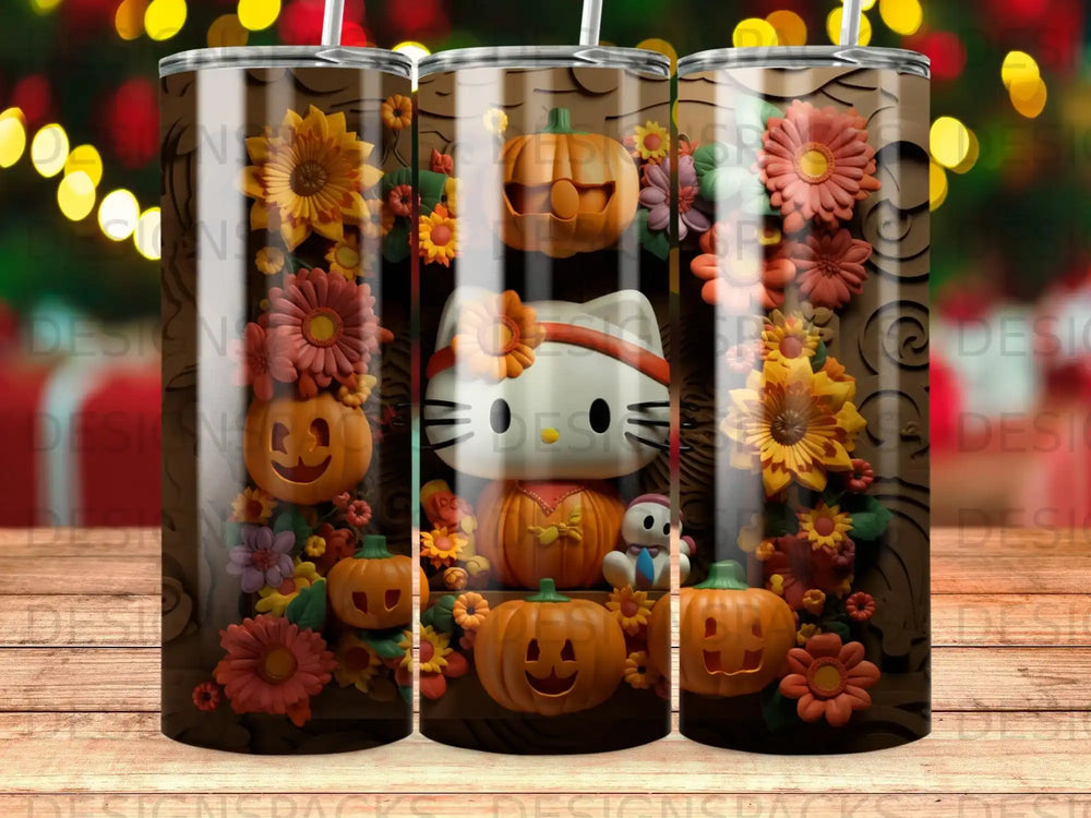Hello Kitty surrounded by fall flowers, pumpkins, and a snowman.