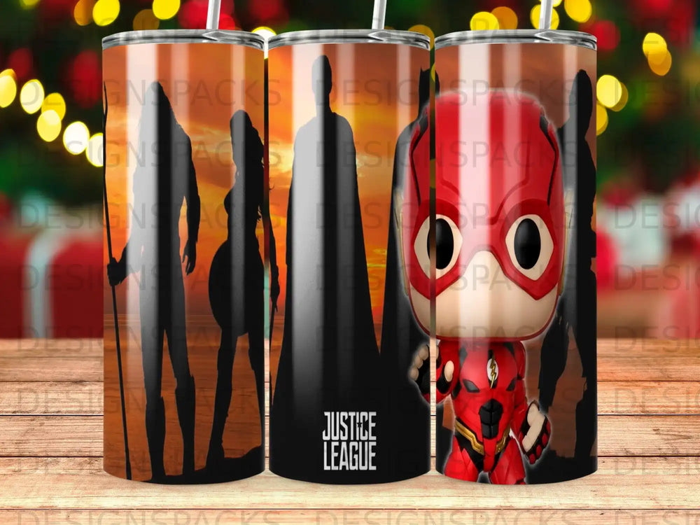 Justice League tumbler with superhero silhouettes and The Flash character.