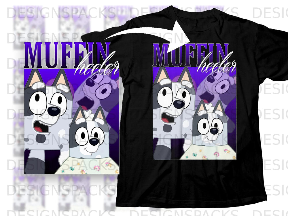 Black t-shirt with cartoon dogs and "Muffin heeler" text.