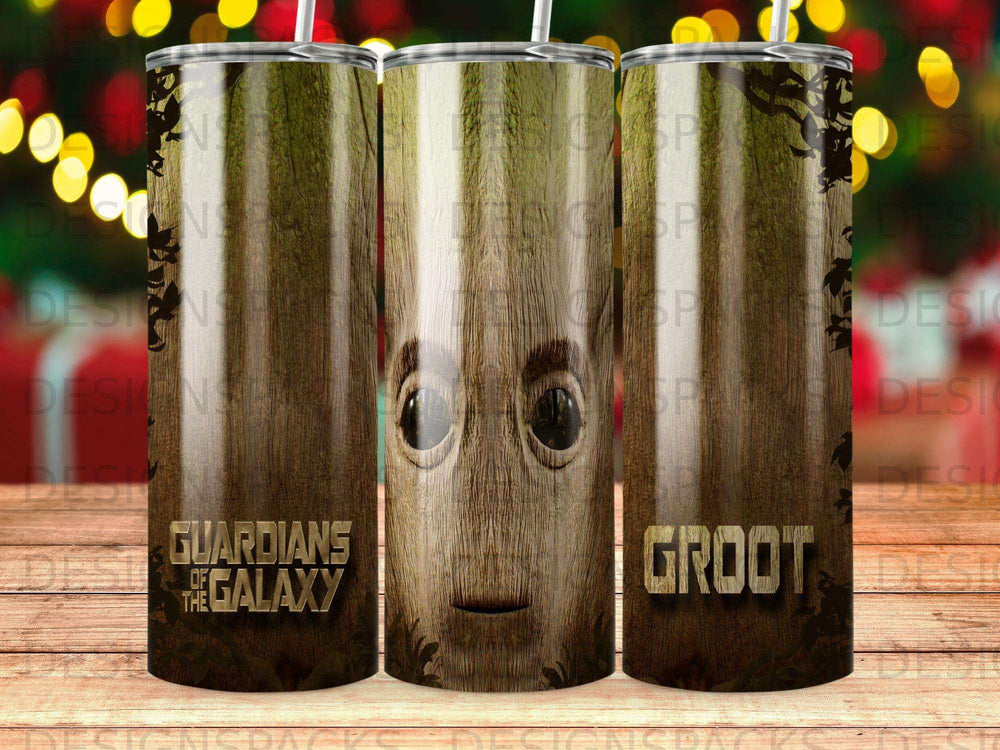 Guardians of the Galaxy Groot tumbler with wood grain and glowing lights.