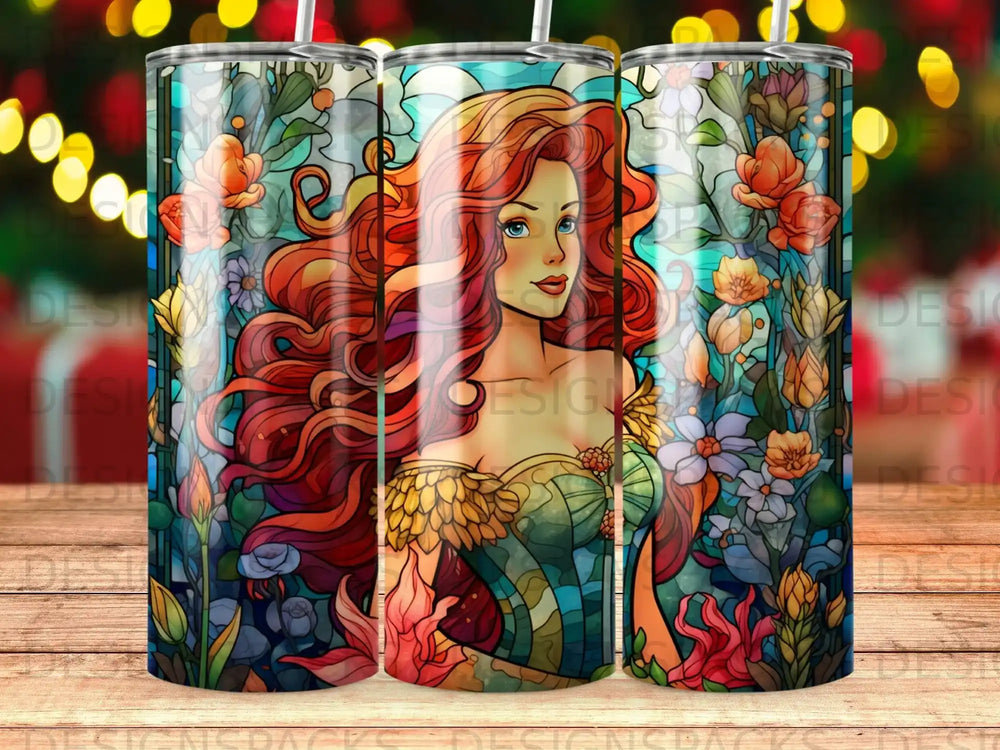 Ariel from The Little Mermaid in a stained glass style with floral accents.