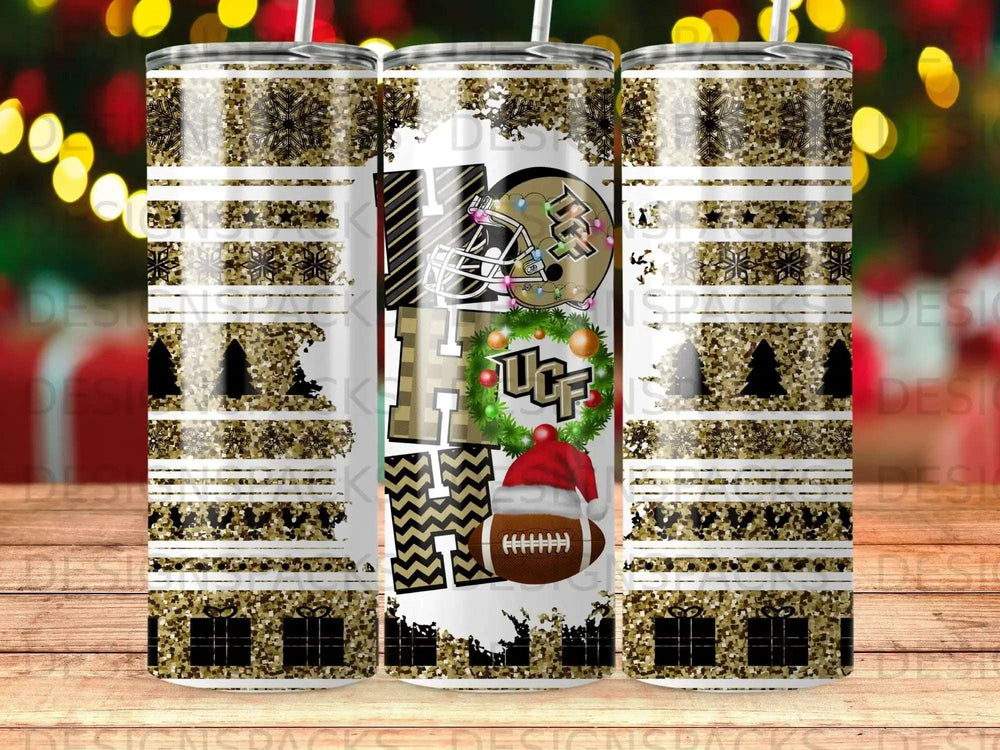 HO HO HO with UCF Knights logo and football on a festive tumbler.
