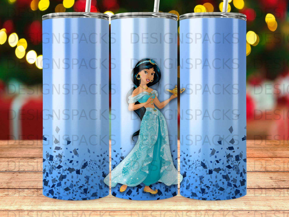Blue abstract background with Disney's Jasmine holding a lamp.