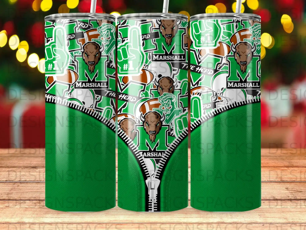 Green tumbler with "The Herd" and Marshall University logos, featuring a zipper graphic.