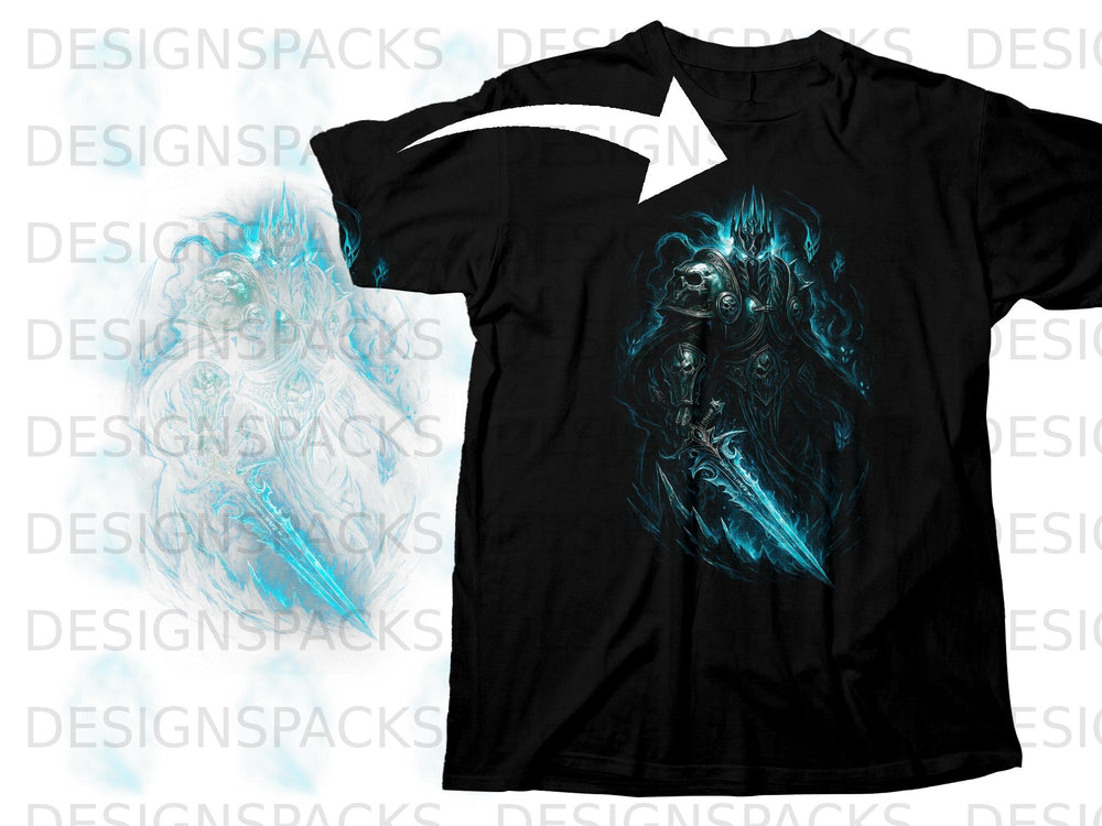 Black t-shirt with glowing blue armored warrior and sword graphic.
