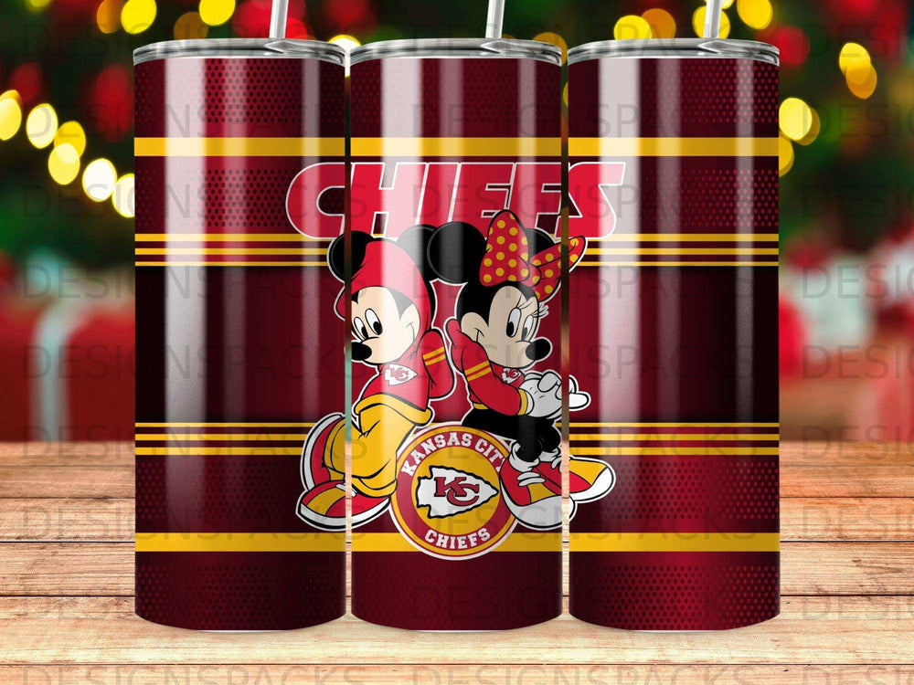 Kansas City Chiefs Mickey and Minnie Mouse tumbler with team logo.