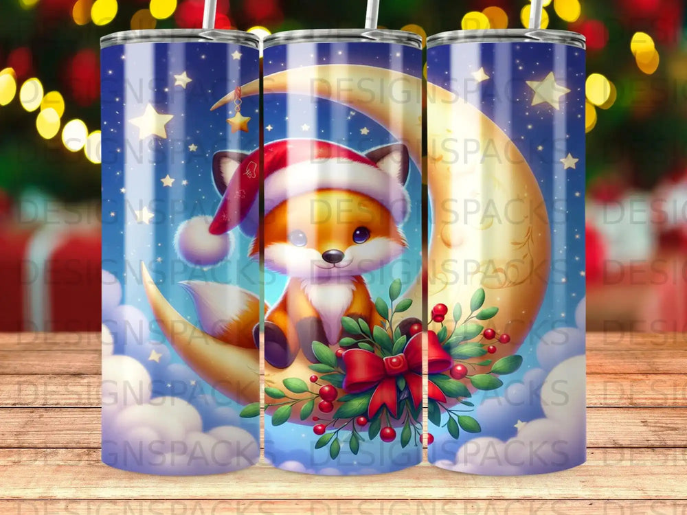 Fox wearing Santa hat on moon with berries and bow.