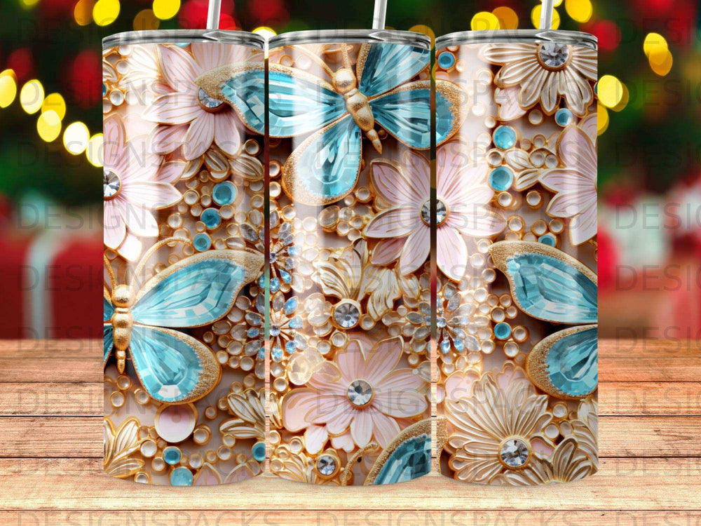 Close-up of a tumbler design featuring blue butterflies and ornate flowers.