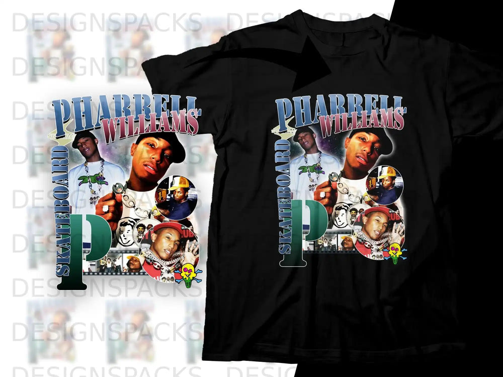 Black t-shirt with graphic featuring Pharrell Williams and "SKATEBOARD" text.