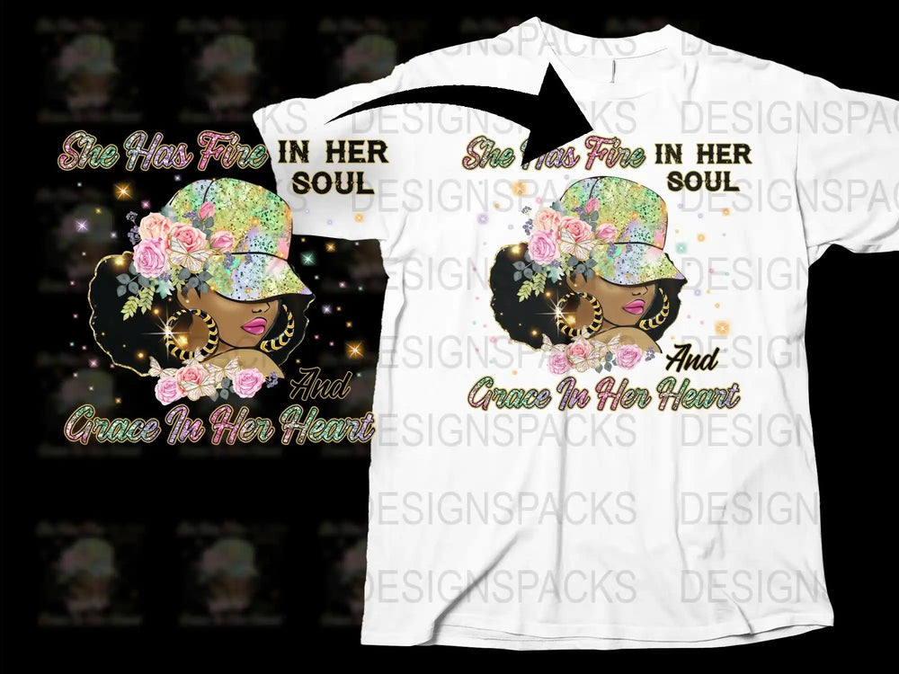 Inspirational Quote T-Shirt - She Has Fire In Her Soul, Floral Design, Sparkly Graphic Tee for Women