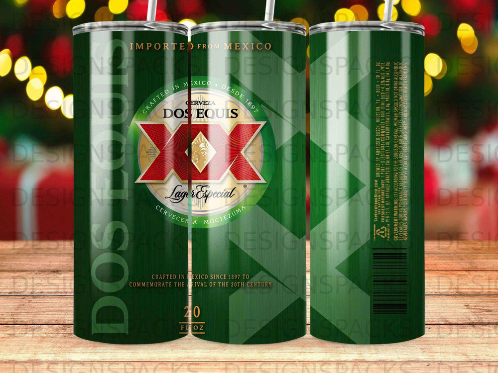 Dos Equis Lager Especial 20 oz tumbler with brand logo and text.