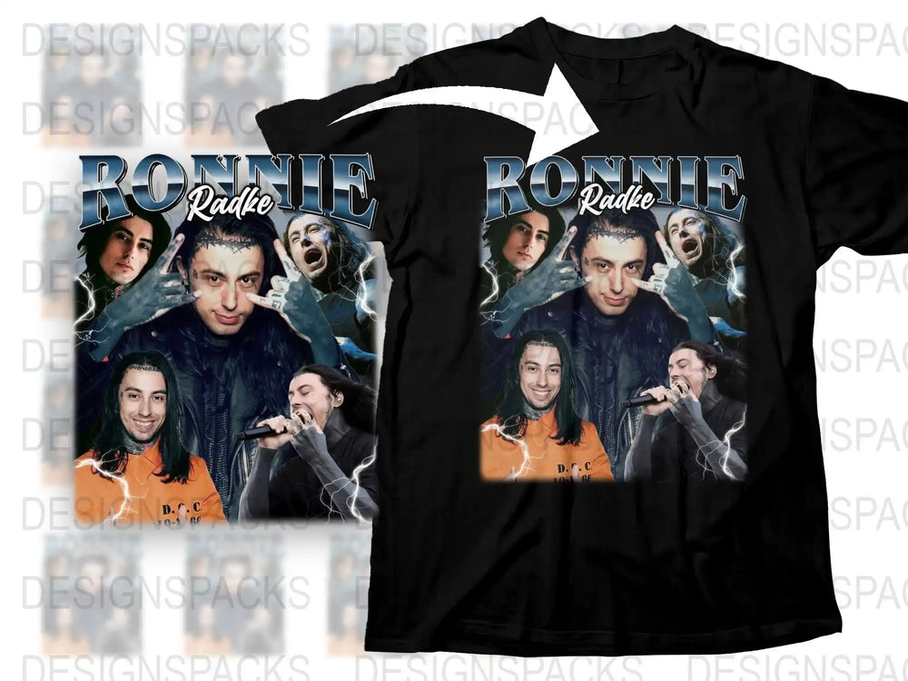 Ronnie Themed Graphic Tee, Multi-Image Design, Unisex Black T-Shirt, Casual Fashion Wear, Trendy Top