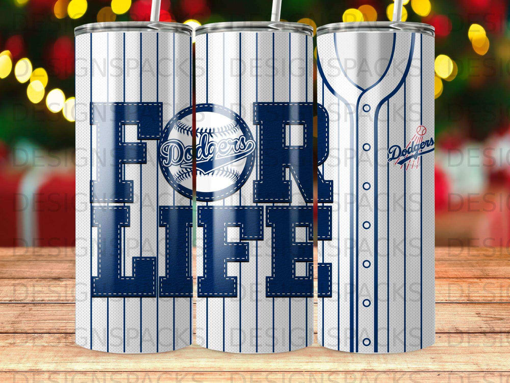 Dodgers For Life text on a baseball-themed tumbler with striped pattern.