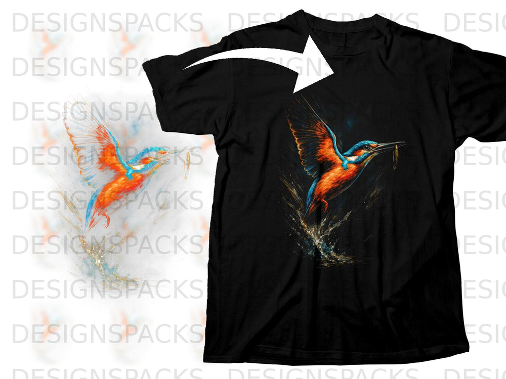 Black t-shirt featuring a vibrant kingfisher holding a fish in its beak.