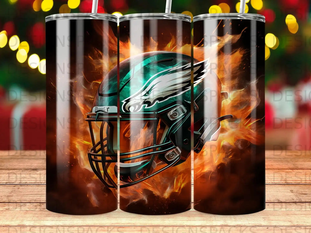 Philadelphia Eagles helmet with flames, on a tumbler.