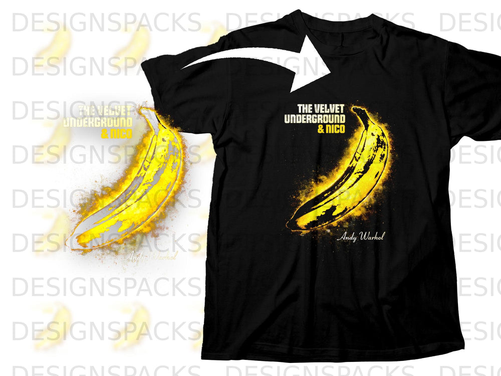 Black t-shirt with The Velvet Underground & Nico banana album art and Andy Warhol signature.