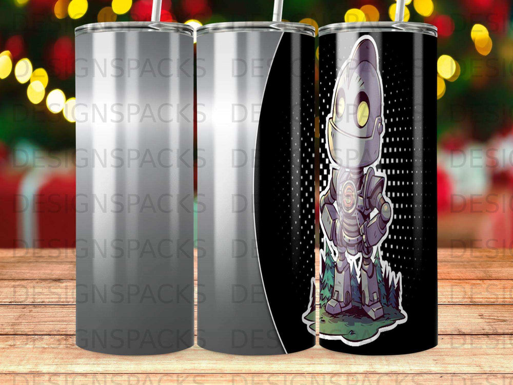 Cartoon robot character illustration on a gray and black tumbler.