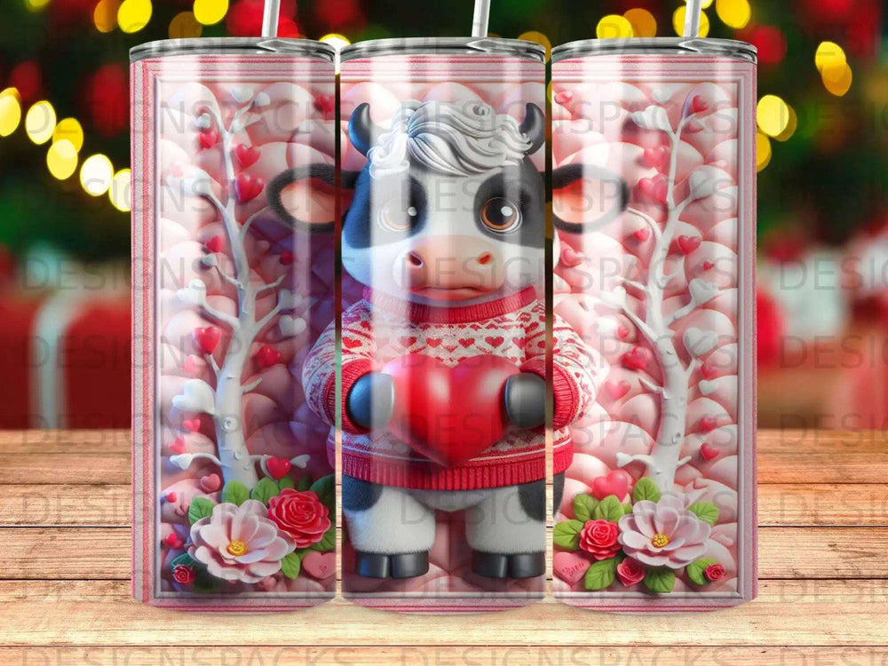 Cow in sweater holding heart, surrounded by pink floral branches.