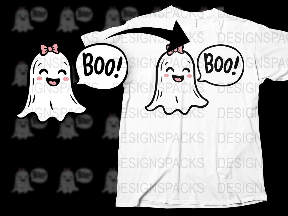 Cute Ghost T-Shirt, Boo Halloween Tee, Funny Spooky Ghost with Bow, Unisex Adult and Kids Sizes Available.