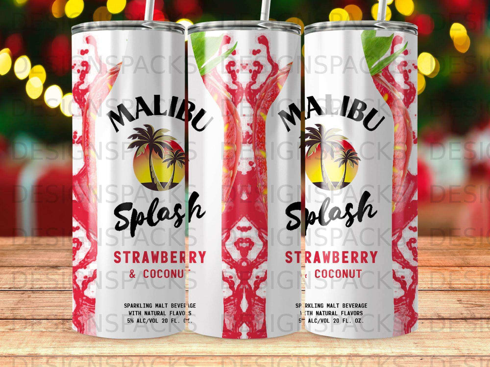 Malibu Splash Strawberry Coconut tumbler with palm trees and fruit.