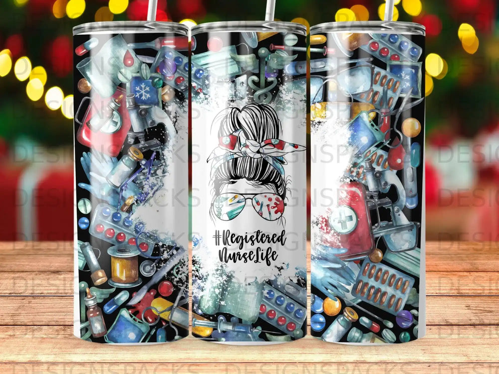 Tumbler with medical supplies and #Registered Nurse Life design.