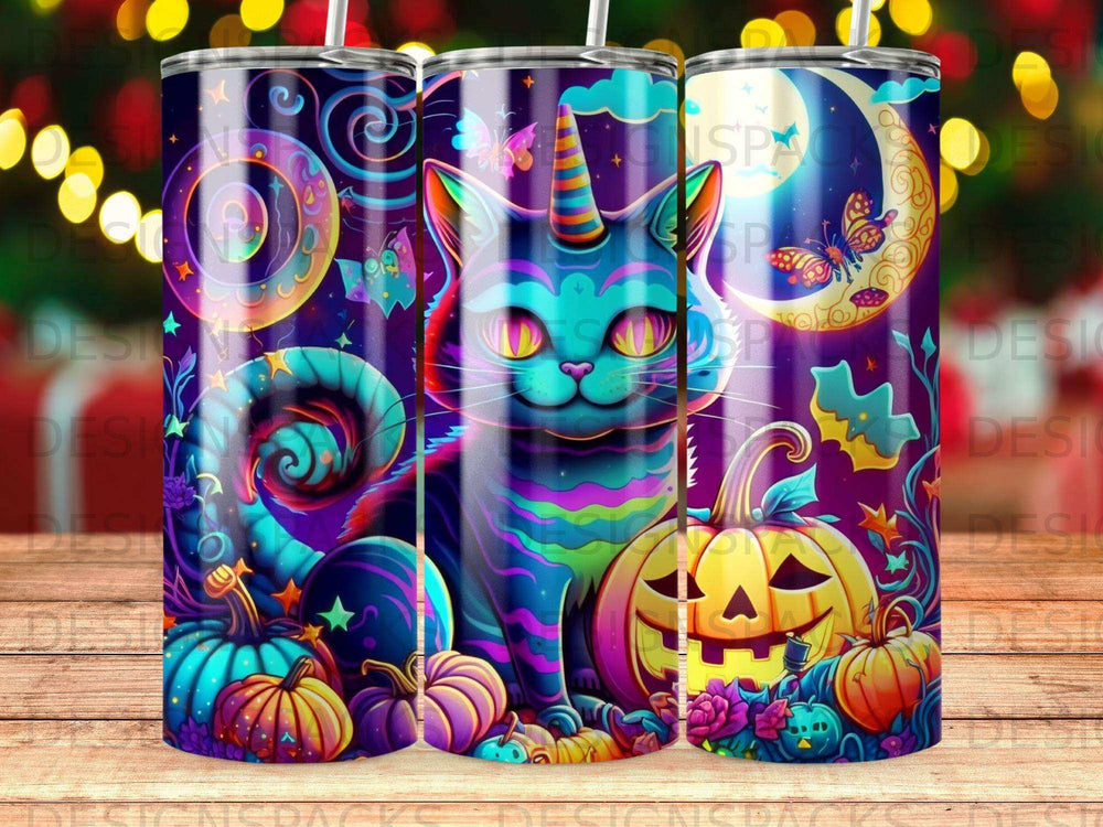 Whimsical cat with unicorn horn and pumpkin Halloween scene.