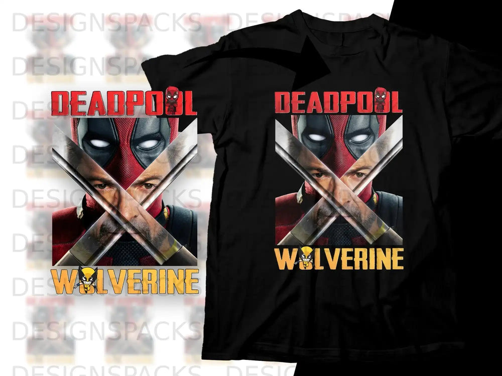 Deadpool and Wolverine characters in a crossed sword design on a black t-shirt.