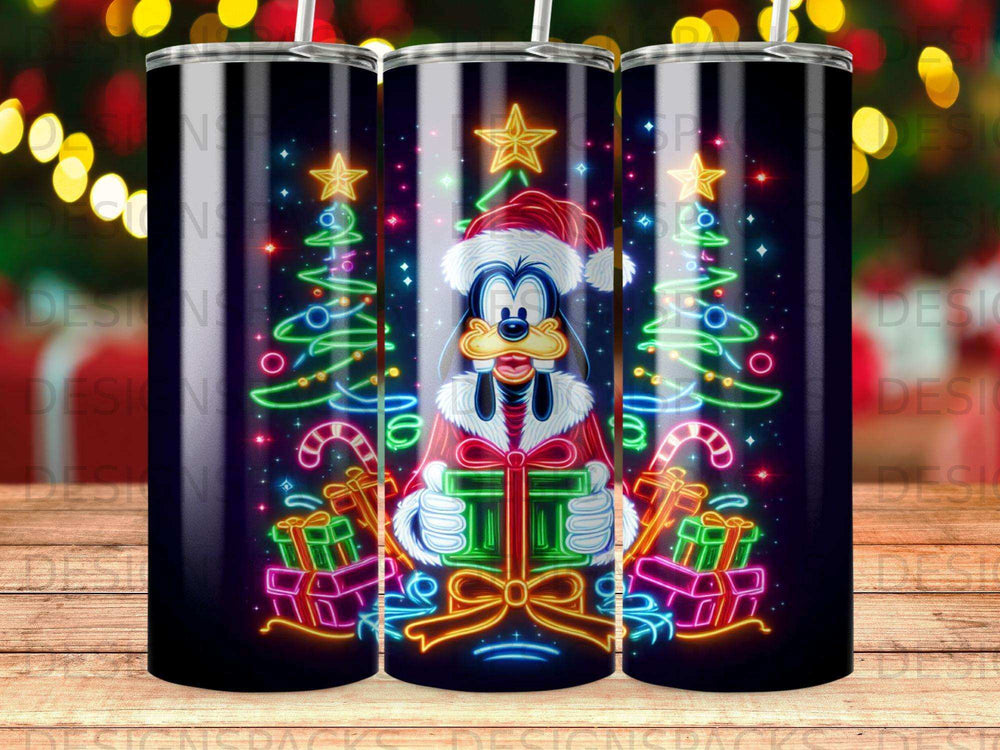 Goofy in Santa hat holding gifts, surrounded by neon Christmas trees and candy canes.