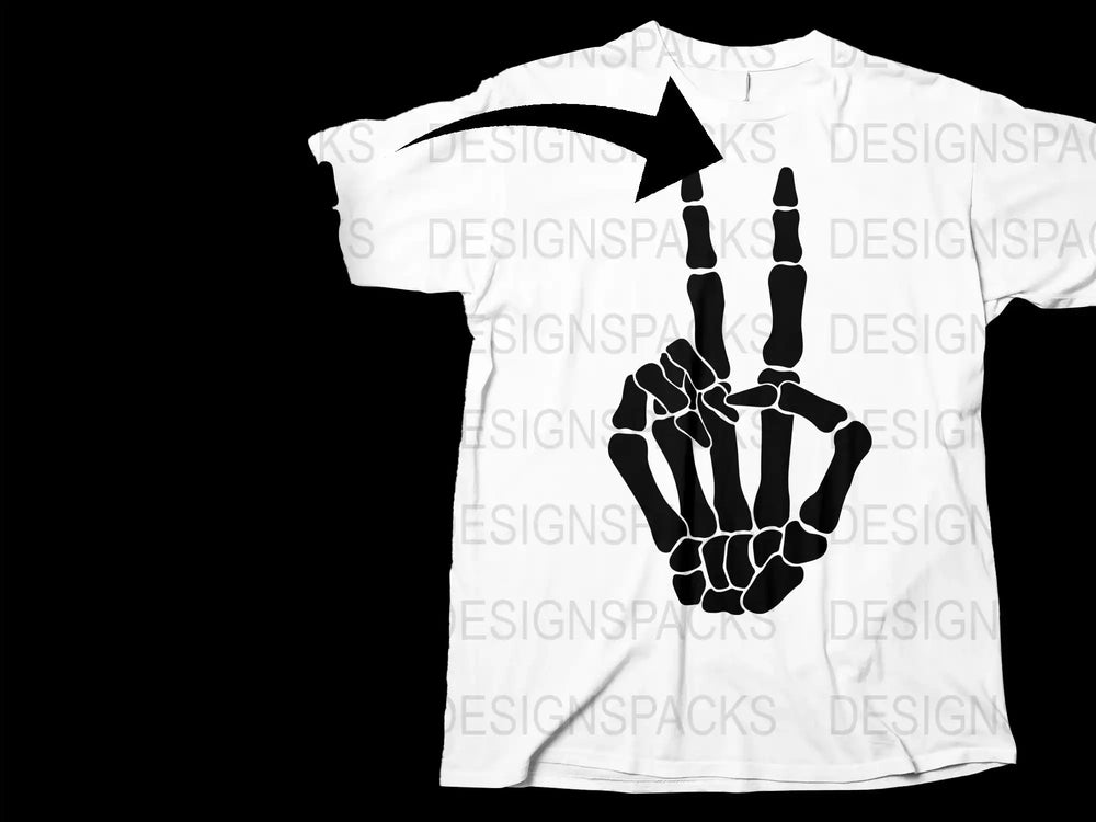 Skeleton Hand Peace Sign Graphic T-Shirt, Black and White Bone Tee, Unisex Novelty Shirt for Halloween