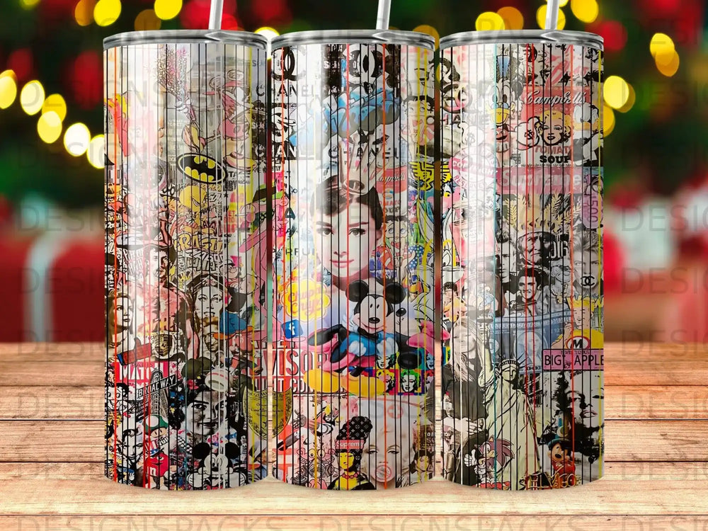 Collage of pop culture icons and New York City landmarks on a tumbler.