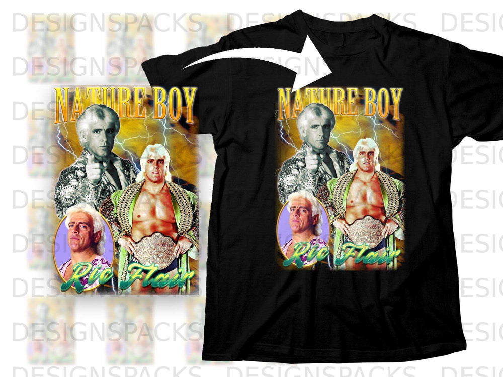 Ric Flair "Nature Boy" wrestling t-shirt design with two images of Flair.